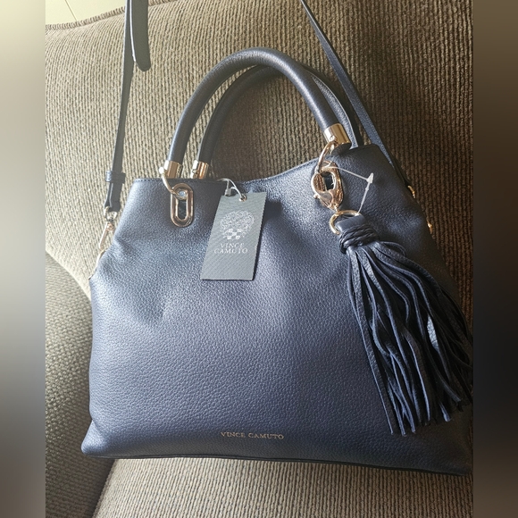 Vince Camuto Navy Blue leather Elva Satchel Handbag with crossbody strap NWT - Picture 11 of 16